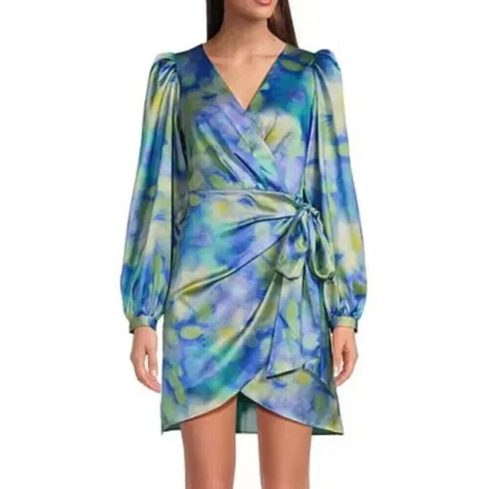 Belle By Badgley Mischka Wrap Dress Women's Size 2 Blue Multi Satin Jacquard